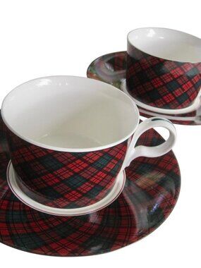 Vintage 80s Arita Tartan Red Plaid Cup & Saucer 2 Sets Preppy Christmas JAPAN